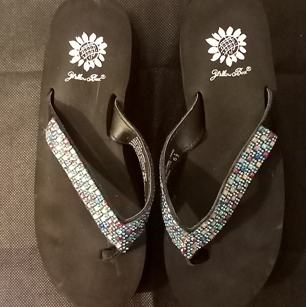 Yellow Box -Wedge Style Sandals, Leather Straps Accented W/ Multi Colored Stones